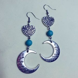 Love You to the Moon /Back Crescent Turquoise Howlite Silver Heart Drop Earrings